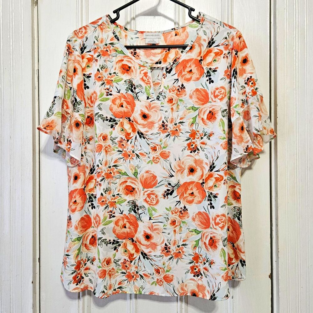 Van Heusen Floral Chiffon Blouse Pullover Flutter Sleeve Lightweight Large